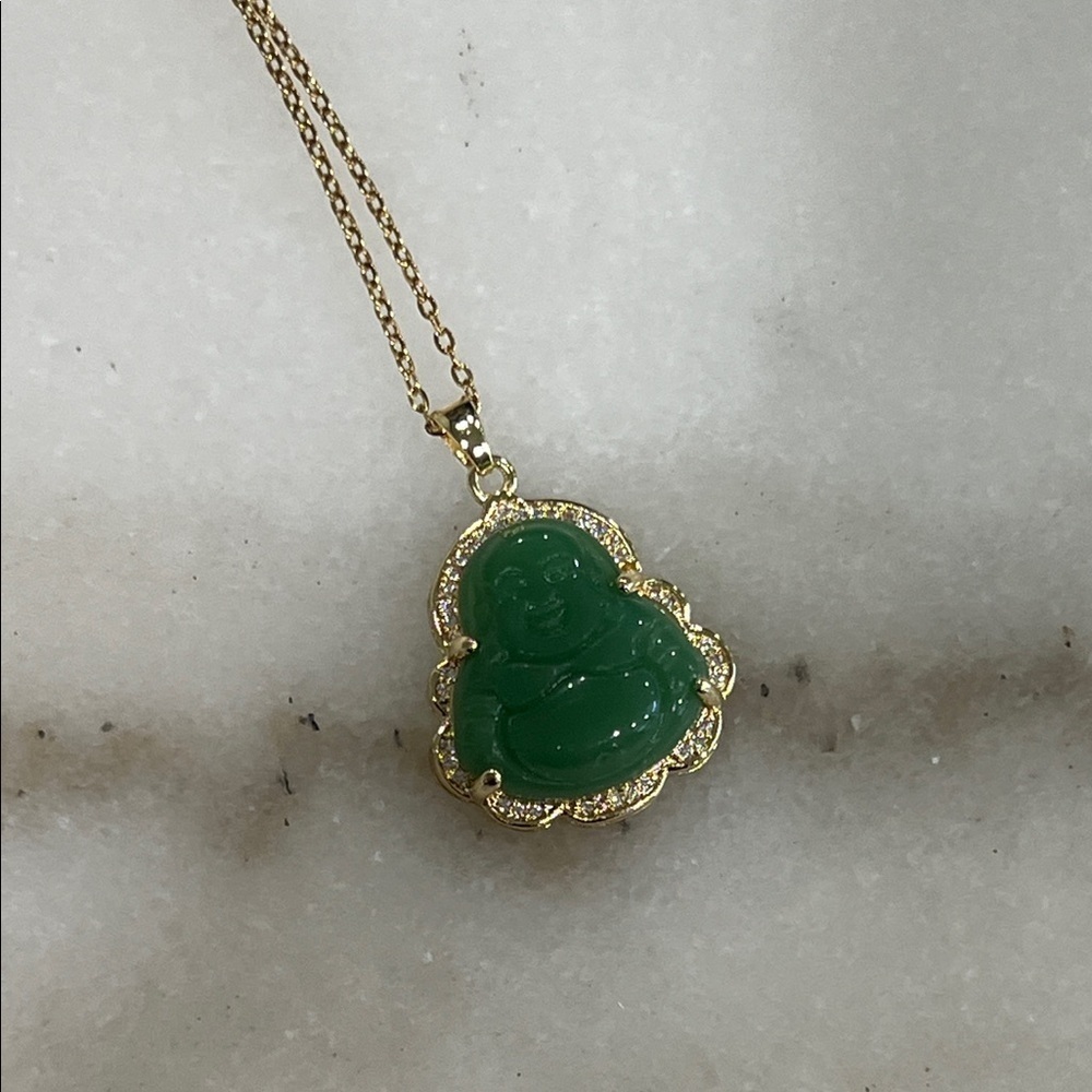 Statement Buddha Pendant Green Jade Gold Tone Necklace Pendant Prosperity Stone